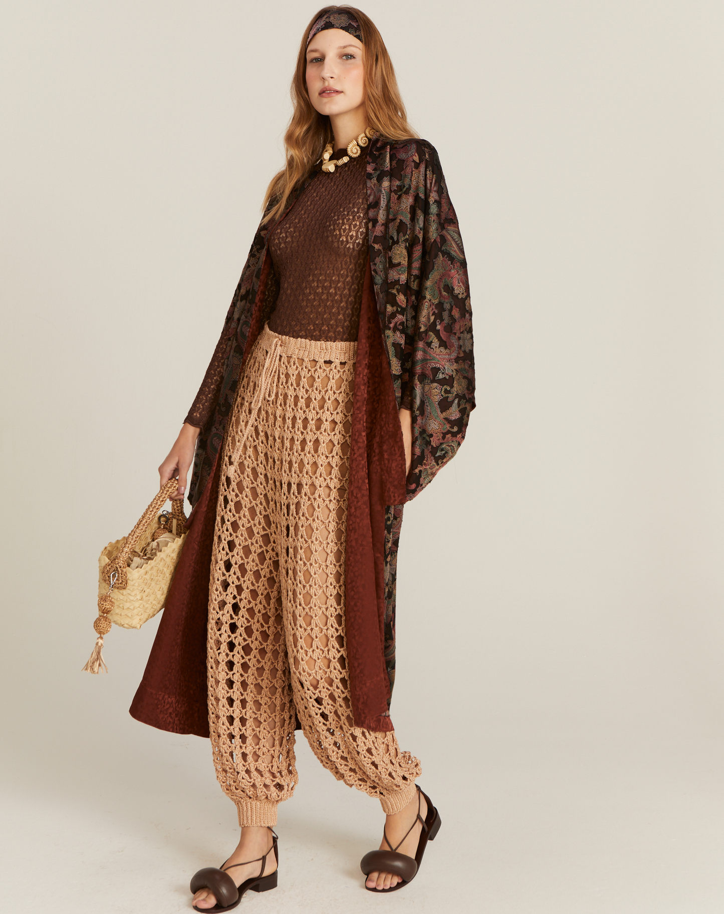 Kimono Jade Seda Dupla Face Estampado Marrom