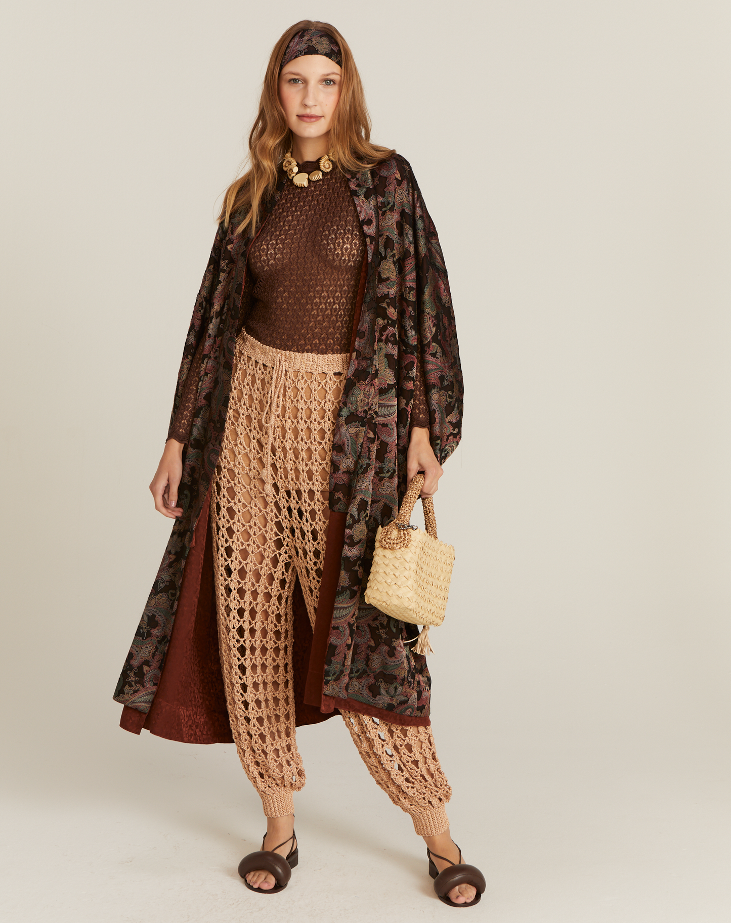 Kimono Jade Seda Dupla Face Estampado Marrom