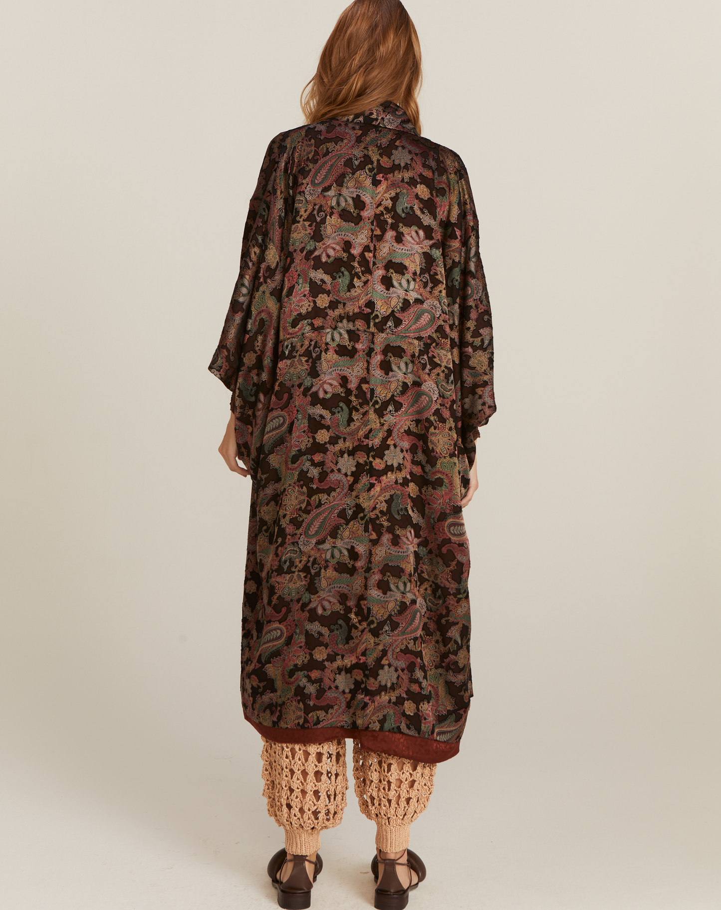 Kimono Jade Seda Dupla Face Estampado Marrom