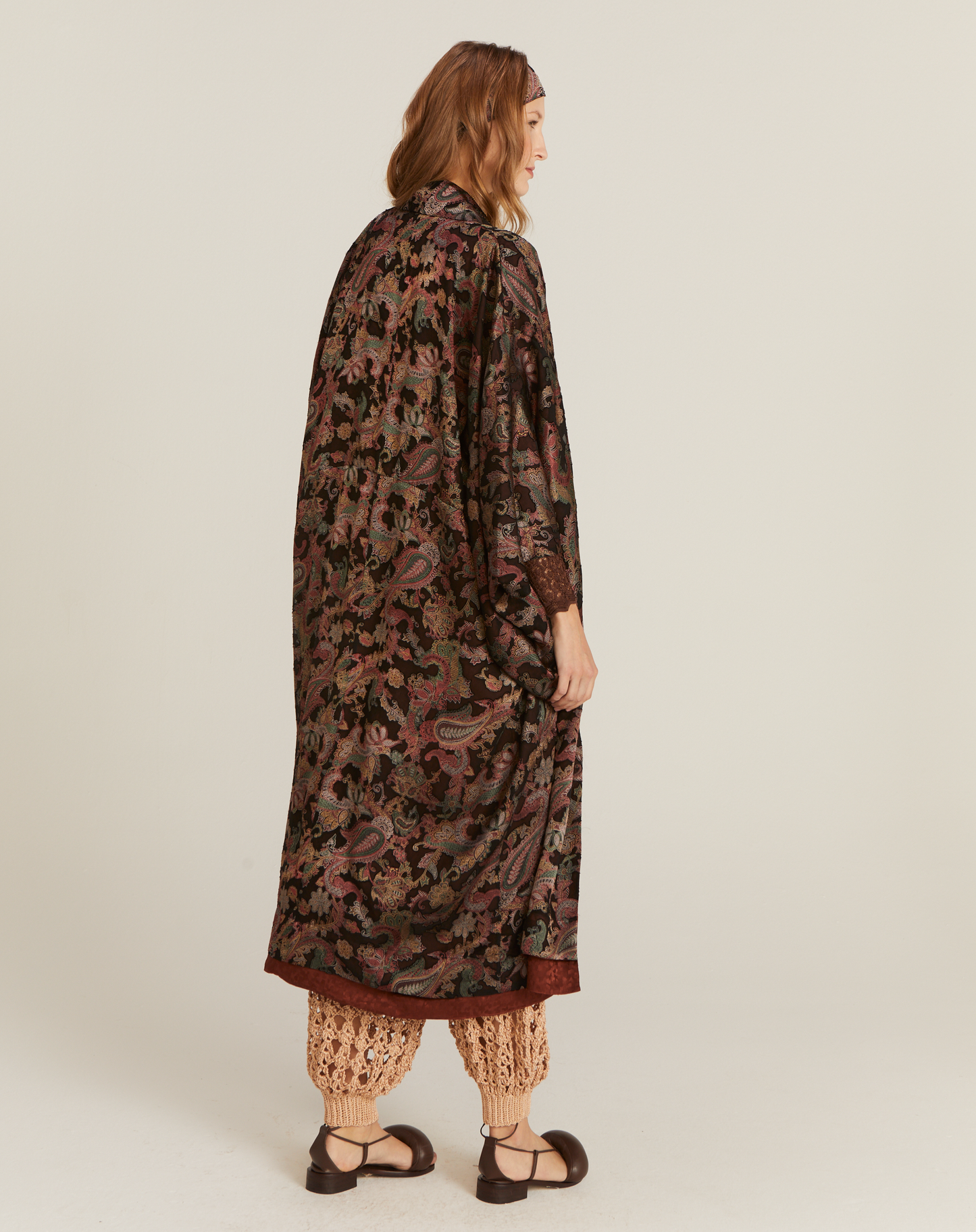 Kimono Jade Seda Dupla Face Estampado Marrom