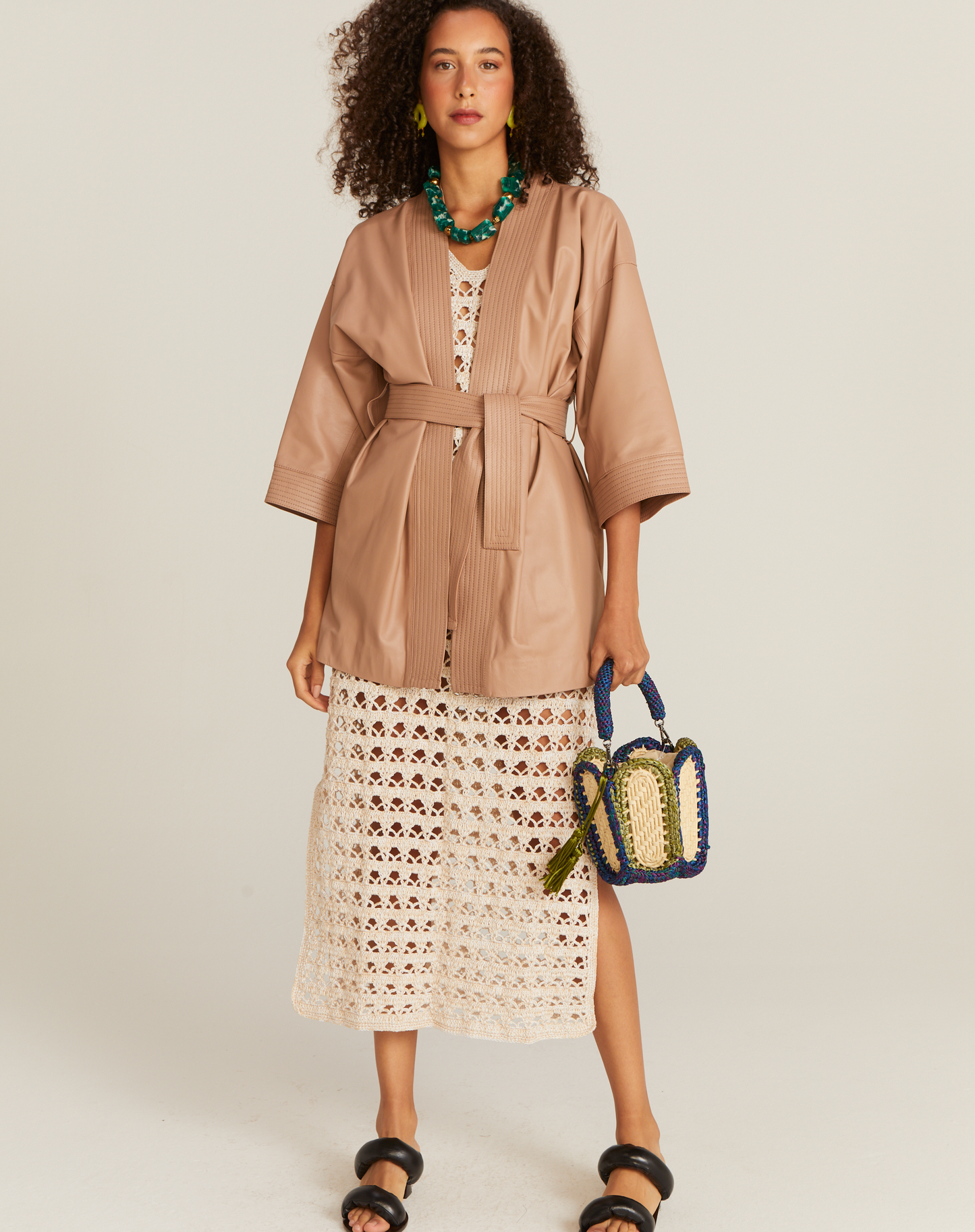 Kimono de Couro com Pespontos Rosê