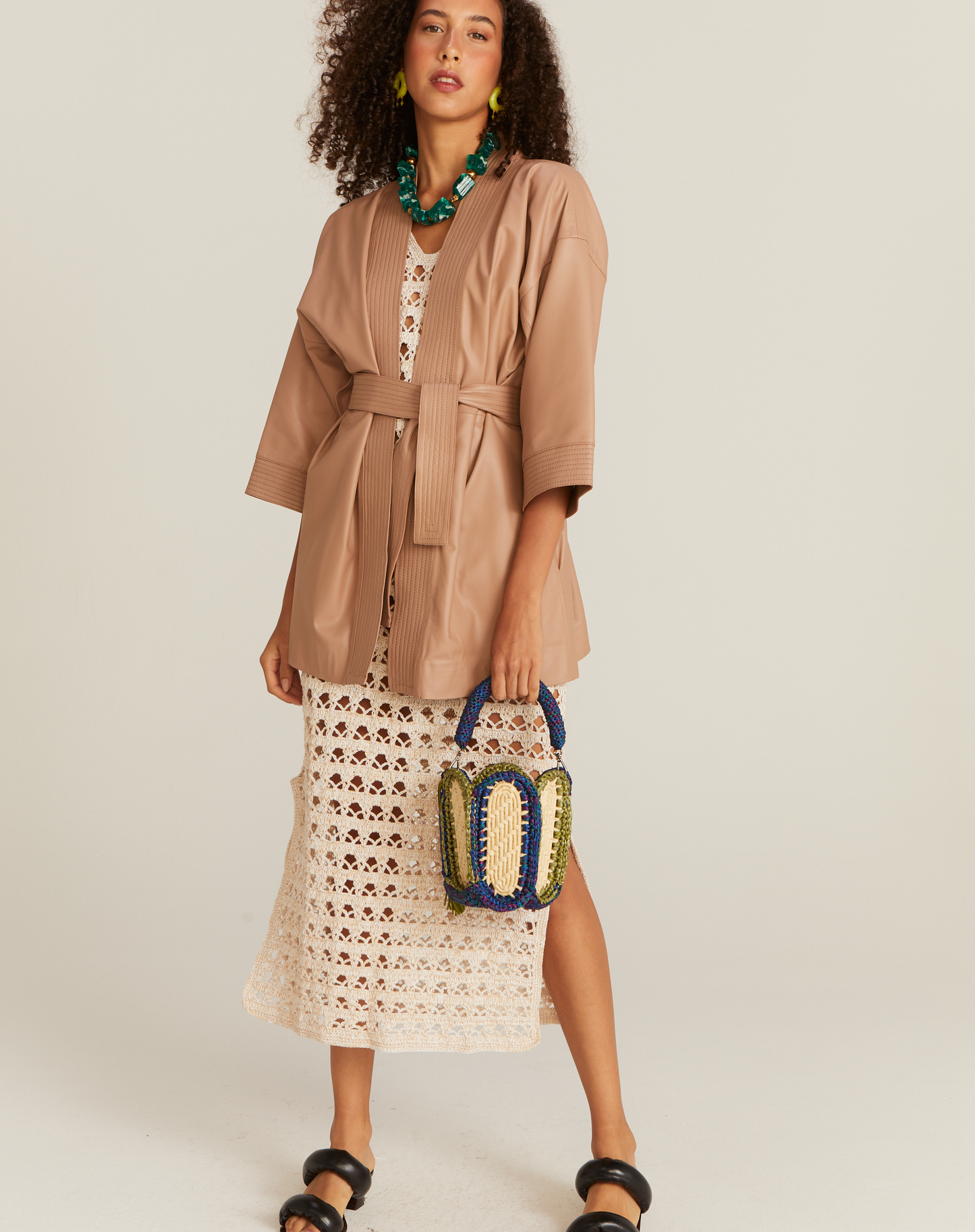 Kimono de Couro com Pespontos Rosê