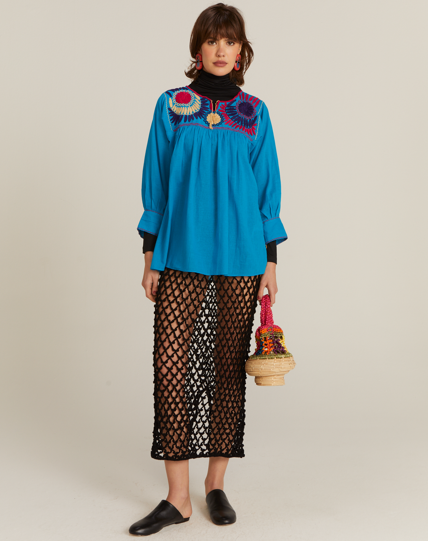 Blusa Bata Bordado Colorido México Azul Turquesa