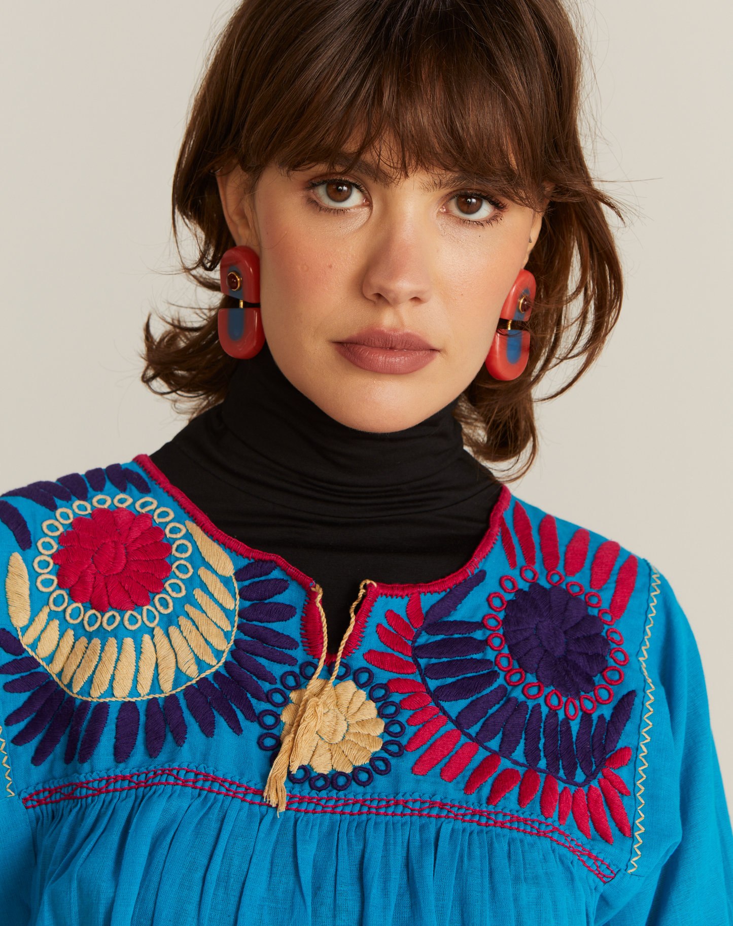 Blusa Bata Bordado Colorido México Azul Turquesa