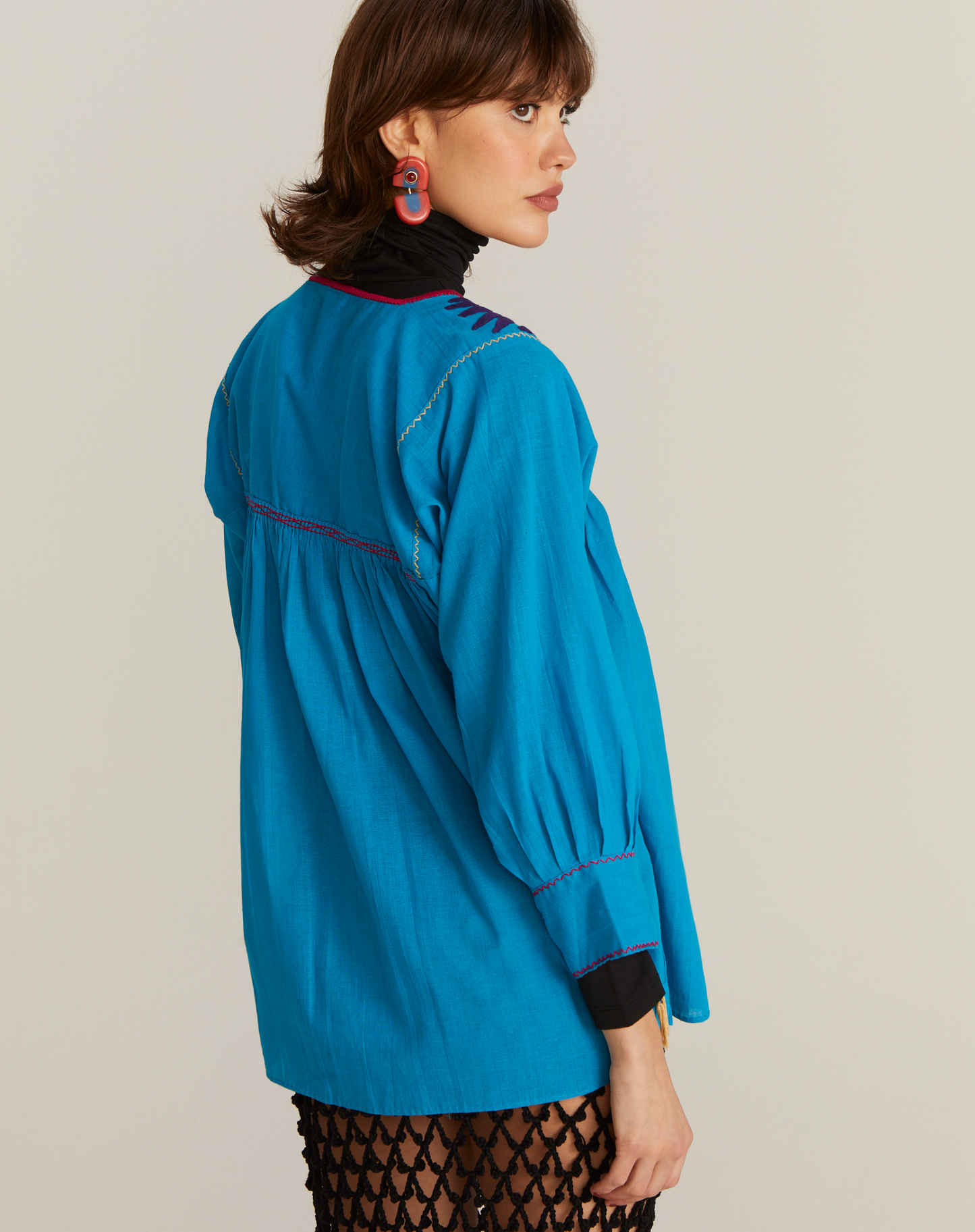 Blusa Bata Bordado Colorido México Azul Turquesa