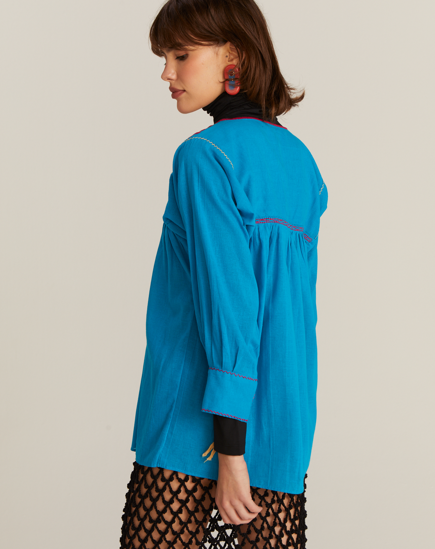 Blusa Bata Bordado Colorido México Azul Turquesa