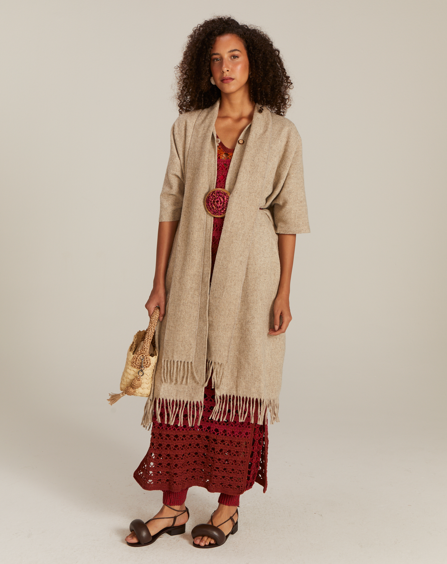 Poncho México com Franjas Bege