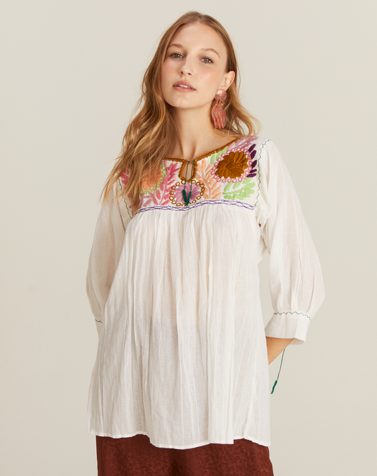 Blusa Bata Bordado Colorido México Branca