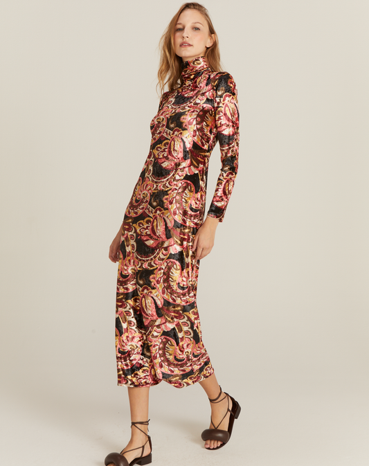 Vestido Paisley Longo Veludo Estampado