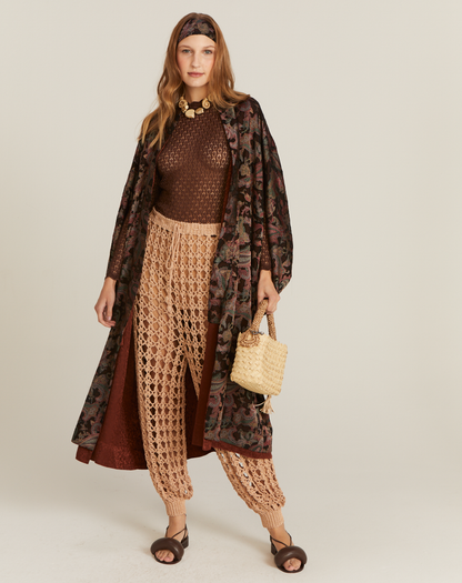 Kimono Jade Seda Dupla Face Estampado Marrom