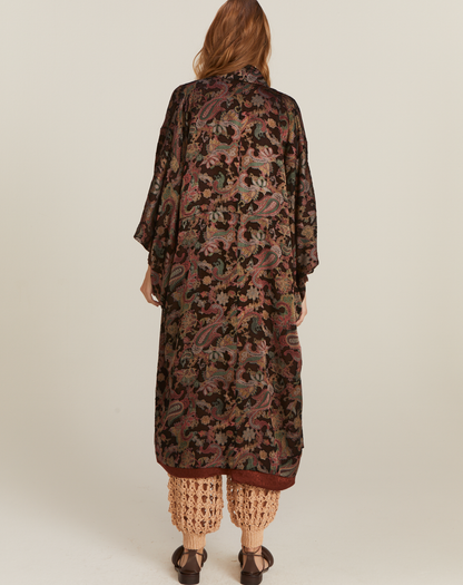 Kimono Jade Seda Dupla Face Estampado Marrom