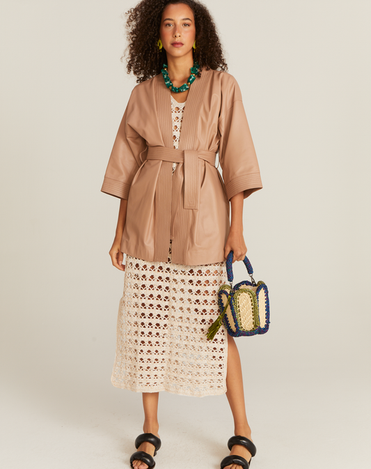 Kimono de Couro com Pespontos Rosê