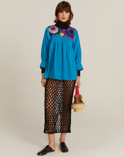 Blusa Bata Bordado Colorido México Azul Turquesa