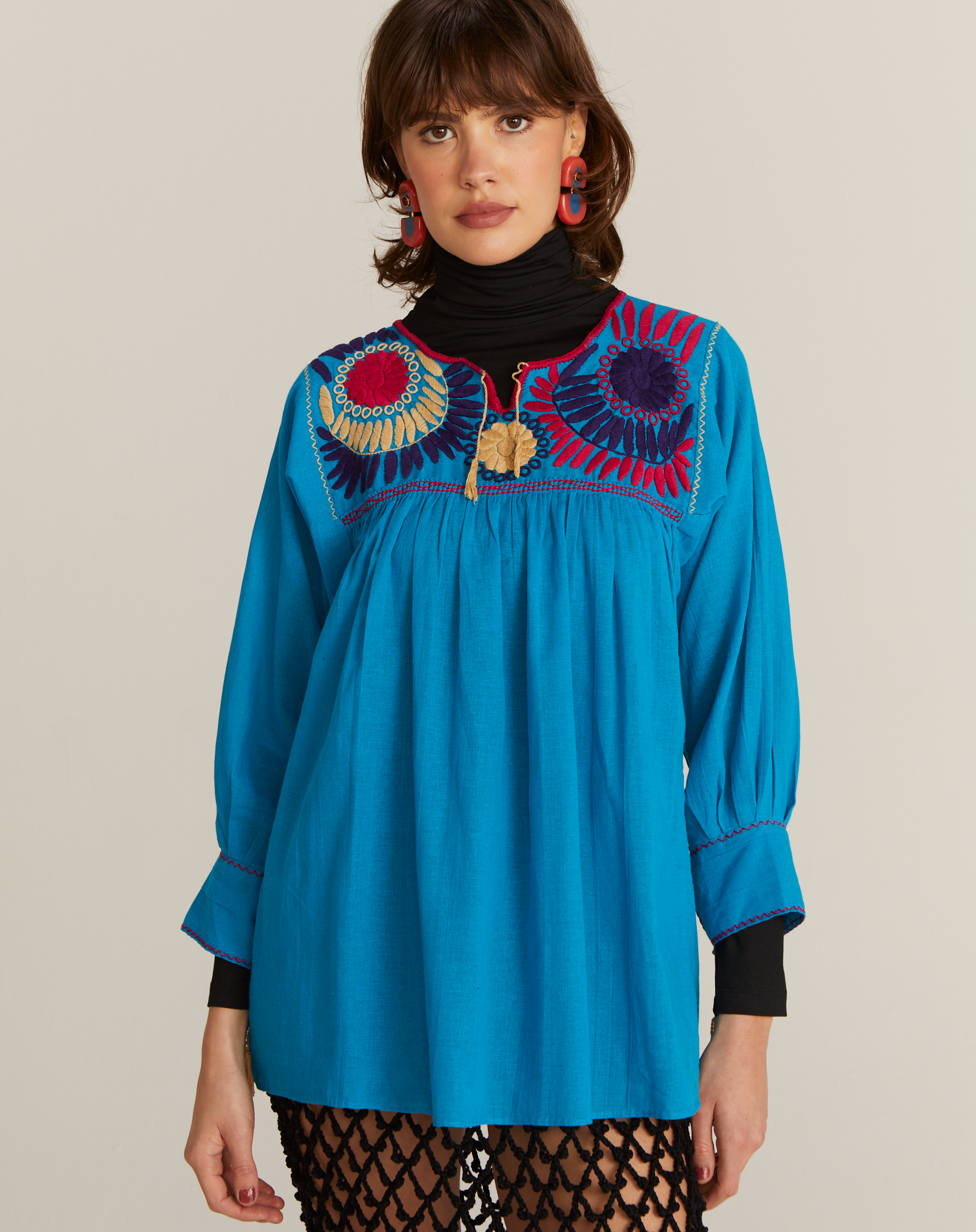 Blusa Bata Bordado Colorido México Azul Turquesa