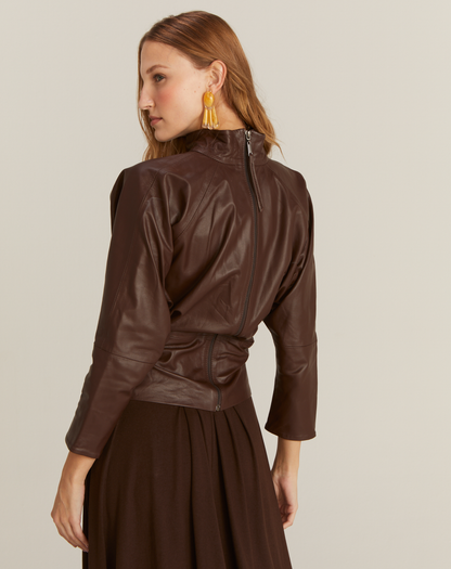 Blusa Manga Comprida Jaqueta Couro com Ziper Traseiro Chocolate