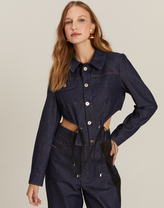 Jaqueta Jeans Corset com Amarração Indigo