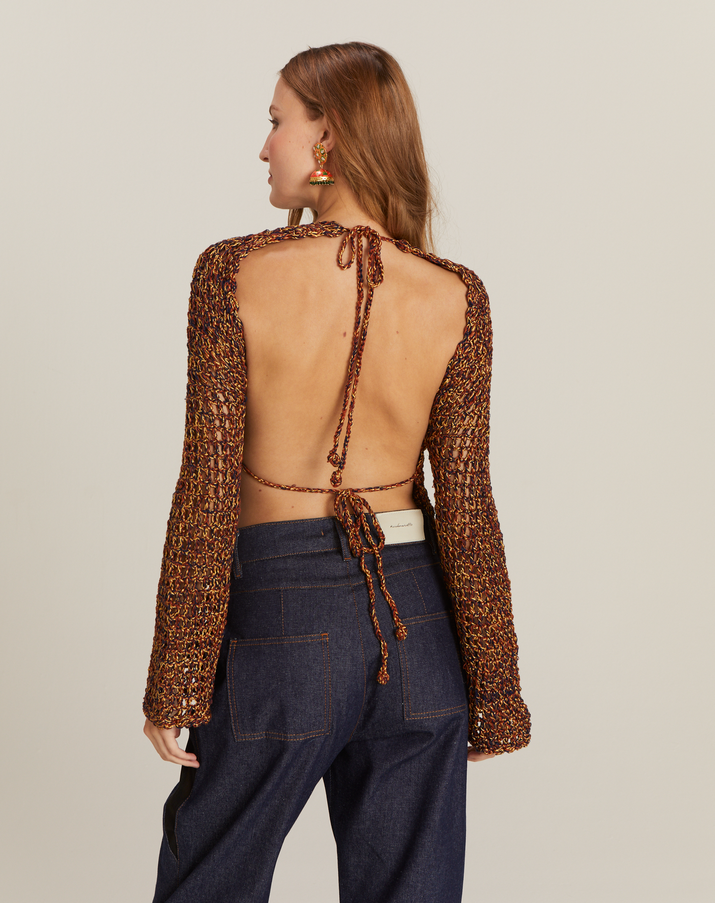 Blusa Raiz em Crochê com Manga Longa Azul Marinho