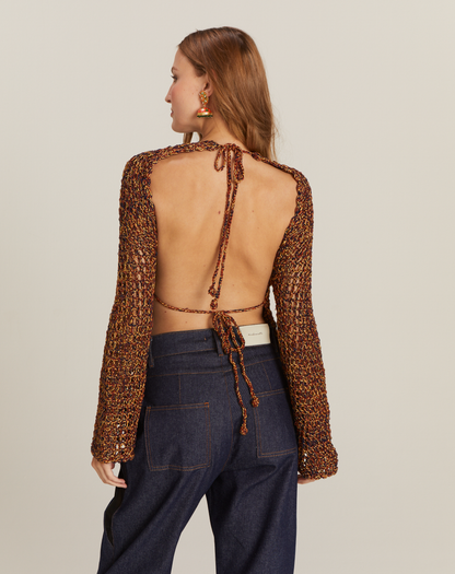 Blusa Raiz em Crochê com Manga Longa Azul Marinho