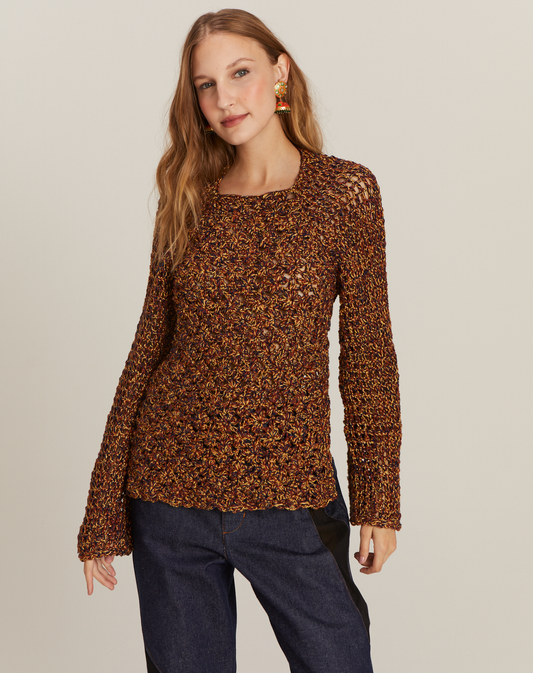Blusa Raiz em Crochê com Manga Longa Azul Marinho